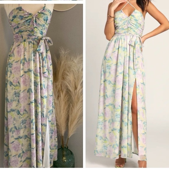 ❤️ Lulus Effortlessly Abloom Green Multi Floral Ruched Halter Midi Dress - Picture 16 of 16